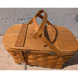 AS-IS BROKEN HANDLE Vintage Wov-N-Wood Jerry Wil Woven Picnic Basket Hinged Lid Dual Handles