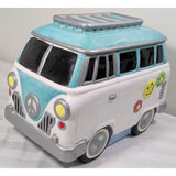 AS-IS 10" CRACKED 1997 Lotus Ceramic Hippie VW Van Cookie Jar Turquoise & White Flower Power Volkswagen Bus