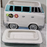 AS-IS 10" CRACKED 1997 Lotus Ceramic Hippie VW Van Cookie Jar Turquoise & White Flower Power Volkswagen Bus