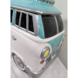 AS-IS 10" CRACKED 1997 Lotus Ceramic Hippie VW Van Cookie Jar Turquoise & White Flower Power Volkswagen Bus