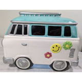 AS-IS 10" CRACKED 1997 Lotus Ceramic Hippie VW Van Cookie Jar Turquoise & White Flower Power Volkswagen Bus