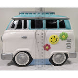 AS-IS 10" CRACKED 1997 Lotus Ceramic Hippie VW Van Cookie Jar Turquoise & White Flower Power Volkswagen Bus