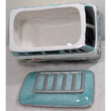 AS-IS 10" CRACKED 1997 Lotus Ceramic Hippie VW Van Cookie Jar Turquoise & White Flower Power Volkswagen Bus