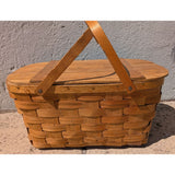 AS-IS BROKEN HANDLE Vintage Wov-N-Wood Jerry Wil Woven Picnic Basket Hinged Lid Dual Handles