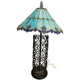 Blue Stained Glass Table Lamp Wrought Iron Base Elegant Art Deco Style