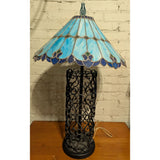 Blue Stained Glass Table Lamp Wrought Iron Base Elegant Art Deco Style