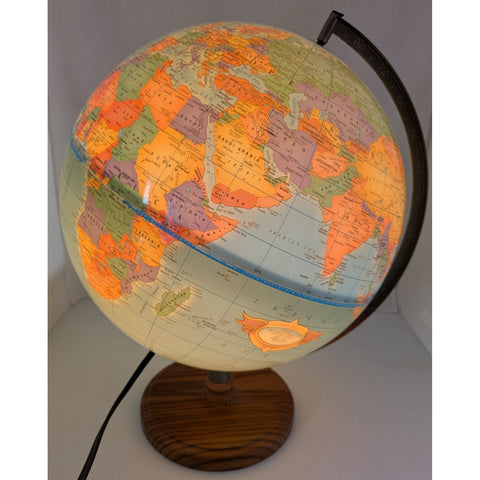 Illuminated 12" Cram Classica Lighted World Globe Earth Lamp Vintage Wood Base Map