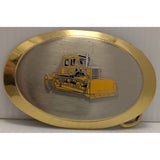 Raised Yellow Bulldozer Oval Belt Buckle Vintage Construction Equipment