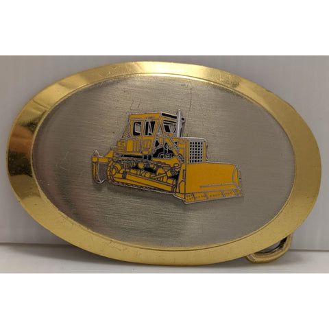 Raised Yellow Bulldozer Oval Belt Buckle Vintage Construction Equipment