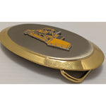 Raised Yellow Bulldozer Oval Belt Buckle Vintage Construction Equipment