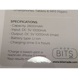 Bits Power Bank 2600 mAh Portable Battery With USB MICRO Cable - Blue