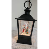Black Lantern Snowman Christmas Tree Decoration 9.5-Inch Snow Globe Rectangle Plastic Light-Up Scene