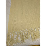 44x72 Beige Crochet Afghan Throw Blanket Fringe Ecru Cable Popcorn Cotton Hand Knit Knitted Handmade 1970s