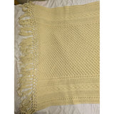 44x72 Beige Crochet Afghan Throw Blanket Fringe Ecru Cable Popcorn Cotton Hand Knit Knitted Handmade 1970s