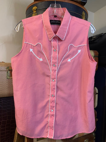 L White Horse Womens Shirt Top Pink Check Sleeveless Western Pearl Snap Regular  VGC