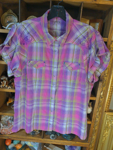 XL Wrangler Womens Shirt Top Rock 47 pink purple plaid rhinestones Regular  Used