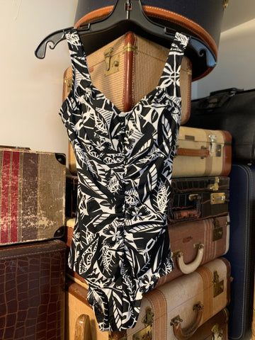 8 US Maxine of Hollywood Womens Shirt Top Black white tropical rouched padded cups Regular  VGC