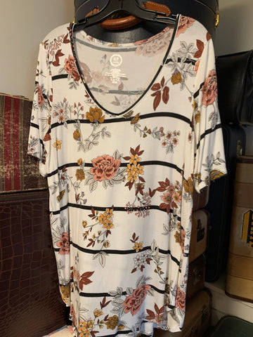L Maurices Womens Shirt Top Floral stripe, white brown, black, short sleeve Regular  Used