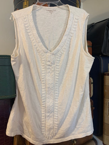 XL Coldwater Creek Womens Shirt Top Cream Embroidered Beaded Sleeveless Tank Regular  VGC