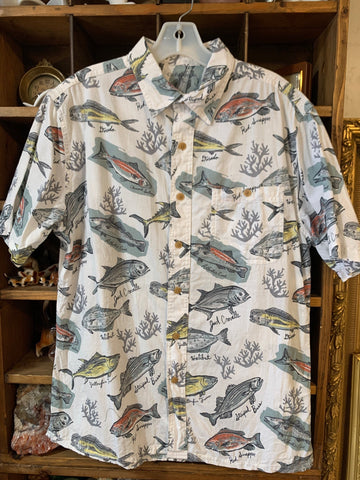 M Croft&Barrow Mens Shirt Top Fish White Short Sleeve Button Up Regular  VGC