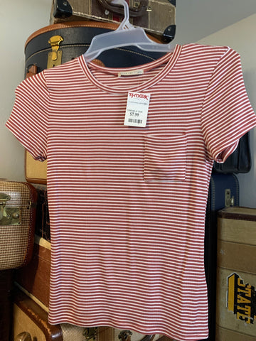M Medium Active USA Womens Shirt Top Rust white stripe, ribbed shirt, pocket tee Regular  New