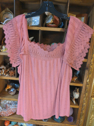 1X Maurices Womens Shirt Top Rose solid lace short sleeve Plus  Used