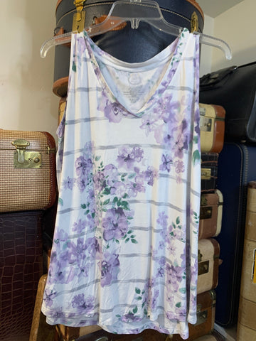 L Maurices Womens Shirt Top Lavender Floal Stripes Sleeveless Stretch Regular  VGC