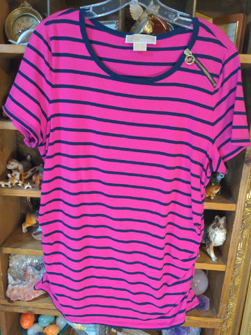 1X Michael Kors Womens Shirt Top Pink black stripe zipper logo Plus  Used