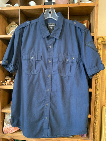 M/L Guess Mens Shirt Top Navy Black Logo Short Sleeve Button Up Regular  VGC