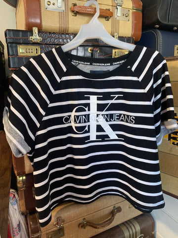 XL Calvin Klein Womens Shirt Top Black, white stripe, crop stretch, logo sporty Regular  VGC