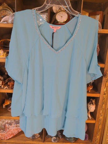 L Juicy Couture Womens Shirt Top Teal blue short sleeve rhinestones Regular  Used
