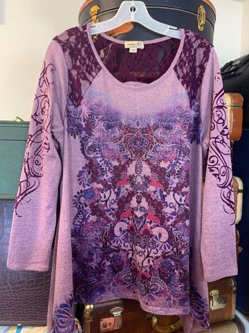 2X One World Womens Shirt Top Purple Embellished long sleeve Stretch Plus  Used