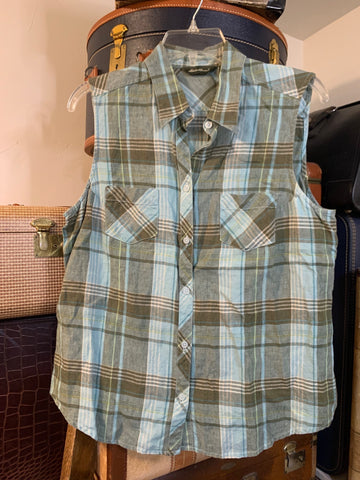 L Eddie Bauer Womens Shirt Top Green Plaid 100% Linen Sleeveless Regular  VGC