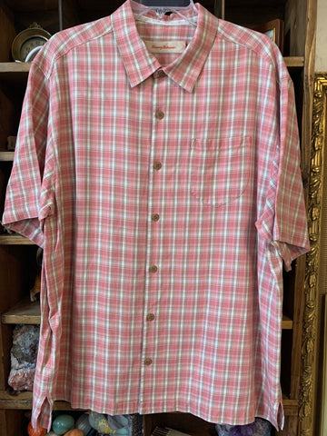 SOLD XL Tommy Bahama Mens Shirt Top Melon Plaid Short Sleeve 100% Silk Woven Regular  VGC