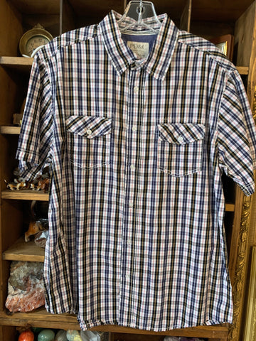L PD&C Mens Shirt Top Plaid blue short sleeve button up chest pockets Regular  VGC