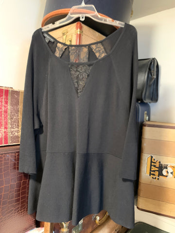 3X INC Womens Shirt Top Black Lace Stretch Peplum Sweater Plus  Used
