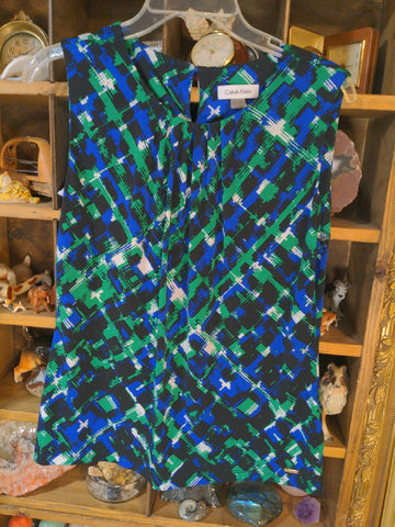 L Calvin Klein Womens Shirt Top Color block gold logo tank top green blue white Regular  Used