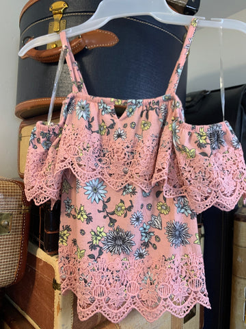 S No Boundaries Womens Shirt Top Pink Floral Drip lace off shoulder top Regular  New