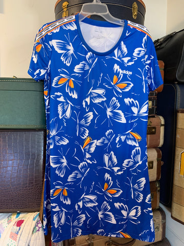 L Adidas Womens Shirt Top Blue Butterfly Stretch Sporty Regular  VGC