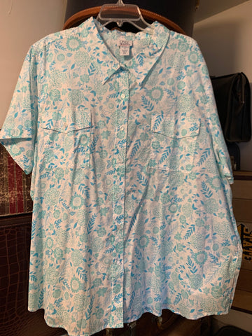 3X Only Necessities Womens Shirt Top Blue white floral button up shirt sleeve 100% cotton 26/28 Plus  VGC