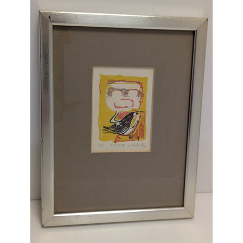 Signed AKIRA MATSUMOTO Boy with Bird Lithograph 3.5x2.5" Framed Art Print 1962 Vintage Abstract Small