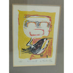 Signed AKIRA MATSUMOTO Boy with Bird Lithograph 3.5x2.5" Framed Art Print 1962 Vintage Abstract Small