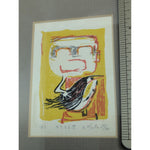 Signed AKIRA MATSUMOTO Boy with Bird Lithograph 3.5x2.5" Framed Art Print 1962 Vintage Abstract Small