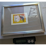 Signed AKIRA MATSUMOTO Boy with Bird Lithograph 3.5x2.5" Framed Art Print 1962 Vintage Abstract Small