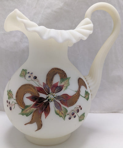 Fenton Poinsettia Glow 9" Pitcher Rare Retired Hand Painted Signed T Kelley 1997 Vintage Satin