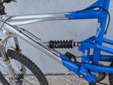 2004 M Haro Extreme X1 Silver / Royal Blue Mountain MTB Bike Bicycle Full Suspension 6061 Alloy Shimano Alivio Rapid Fire Marzocchi MZ Comp Fork Rims