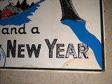 22" OLD Cardboard Store Sign Glitter Merry Christmas Happy New Year Vintage