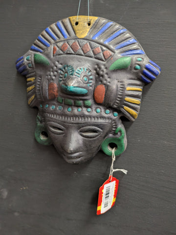 8" Aztec Clay Mask Decor Modern Wall Hanging South America Inca Tribal Pottery