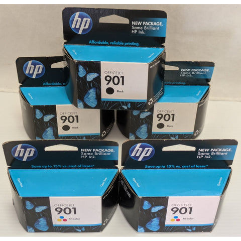 5 HP 901 Officejet Printer Ink Cartridge 3 Black 2 Tri-Color Expired Dec 2011 AS-IS NOS