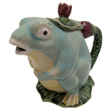 Henriksen Imports Frog Teapot Ceramic Majolica Pitcher Green Yellow Lily Pad Design